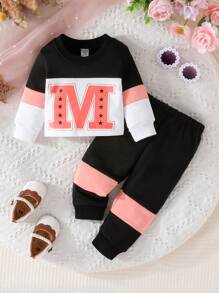 Baby Girl Letter Graphic Colorblock Sweatshirt & Sweatpants - Multicolor - View 1