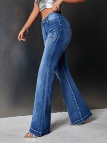 SHEIN ICON Rhinestone Detail Flare Leg Jeans - Dark Wash - View 4