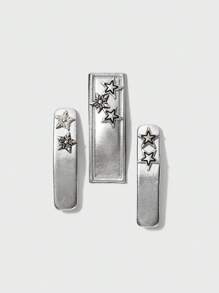 3入組/套時尚酷女孩銀PU皮革星星髮夾套裝適用於街頭風,日常穿著,攝影,和旅行 - 銀色 - 查看 2