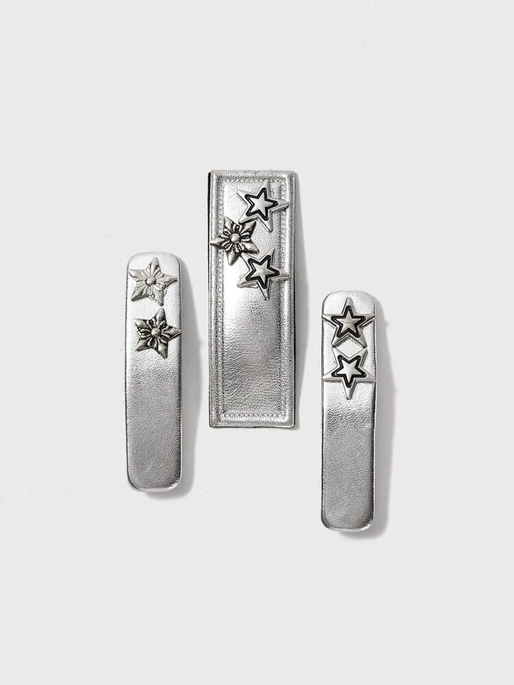 3pcs/set Fashionable Cool Girls' Silver Pu Leather Star Hair Clip Set For Street Style, Daily Wear, Photography, And Travel