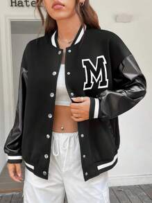 SHEIN EZwear Letter Patched Striped Trim Drop Shoulder Varsity Jacket - Black - View 1
