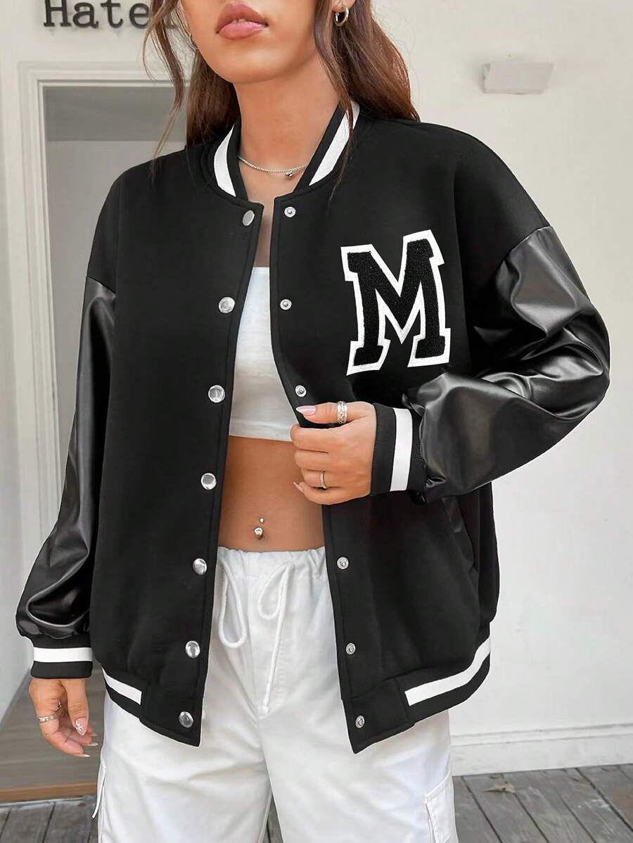 SHEIN EZwear Letter Patched Striped Trim Drop Shoulder Varsity Jacket - Black - View 1