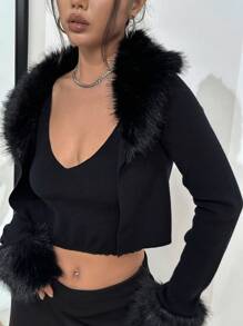 Flirla Cárdigan corto con borde de pelo, tops de manga larga
