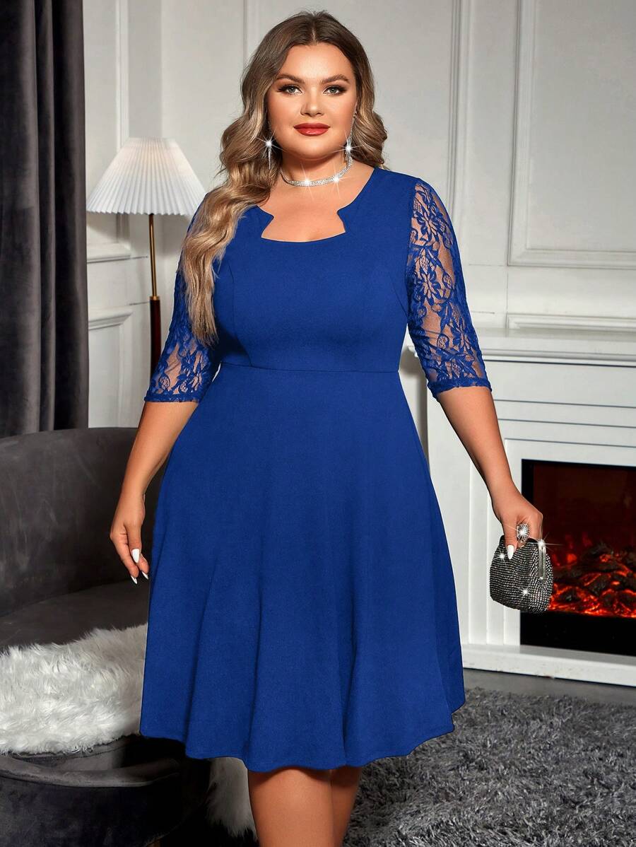 SHEIN Clasi Talla grande Vestido de manga con encaje escote cuello - azul real - Ver 1