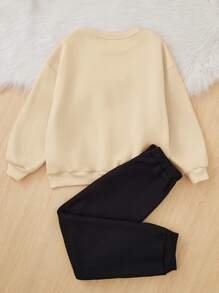 SHEIN Cô gái Tween In Trái tim Lót nhiệt Áo len & Quần nỉ - Màu be - Xem 2