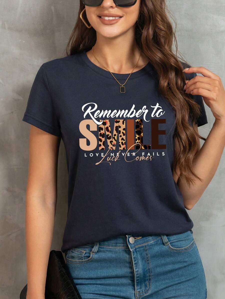 SHEIN LUNE Slogan Graphic Tee - Navy Blue - View 1