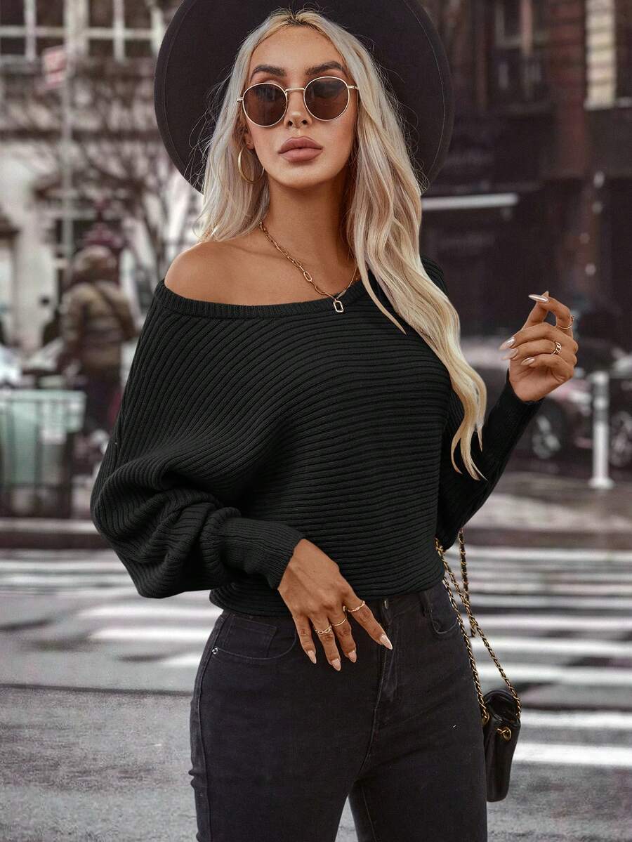 SHEIN LUNE Chất rắn tay cánh Đồ đan Ribbed Áo len - màu đen - Xem 1