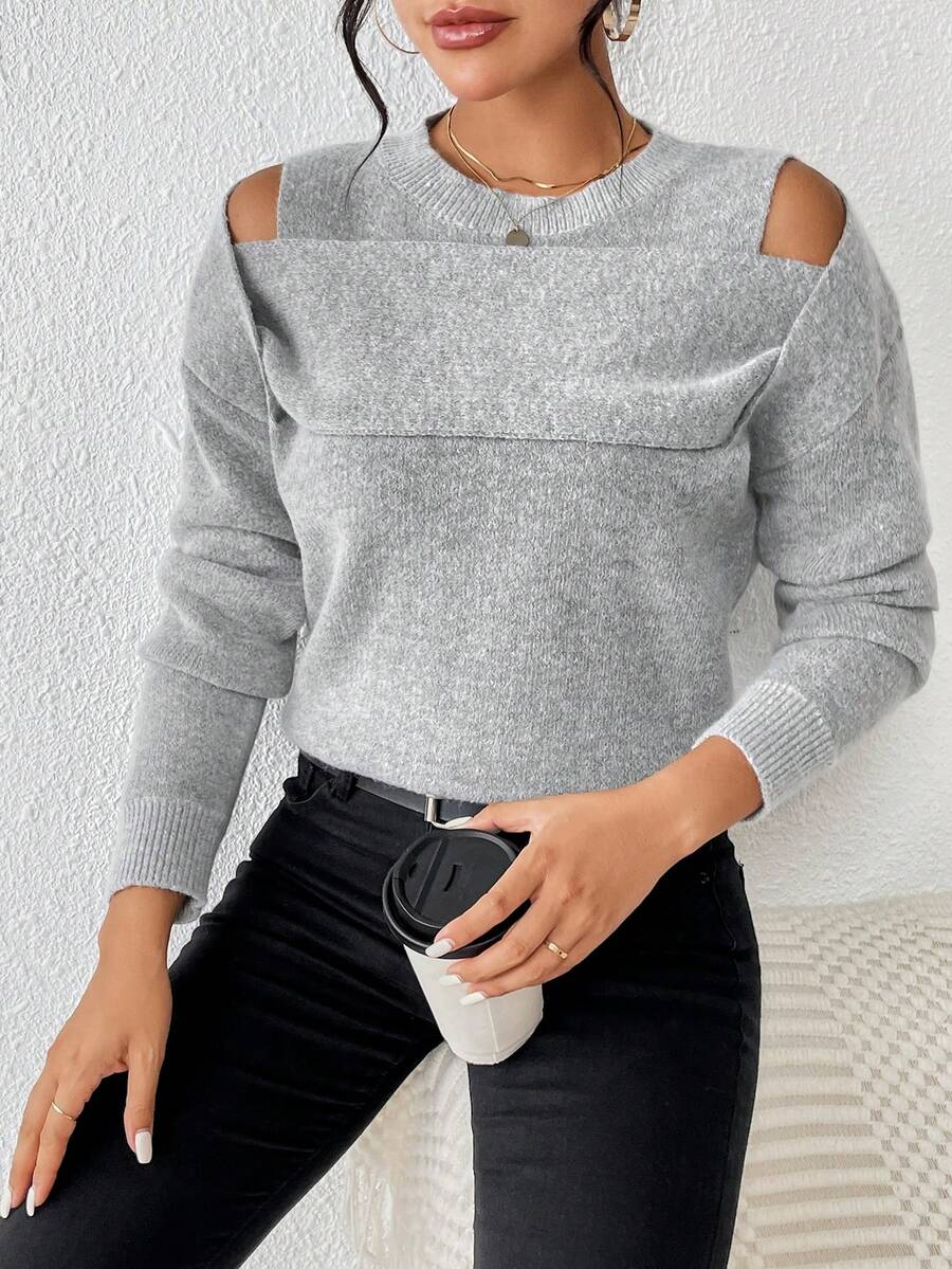 SHEIN Essnce 前鏤空落肩袖套頭毛衣 - 灰色 - 查看 1