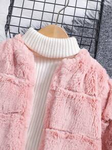SHEIN Young Girl Open Front Fuzzy Coat - Pink - View 3