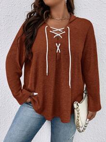 SHEIN LUNE 大码系带前襟插肩袖卫衣 - 亮橙色 - 查看 1