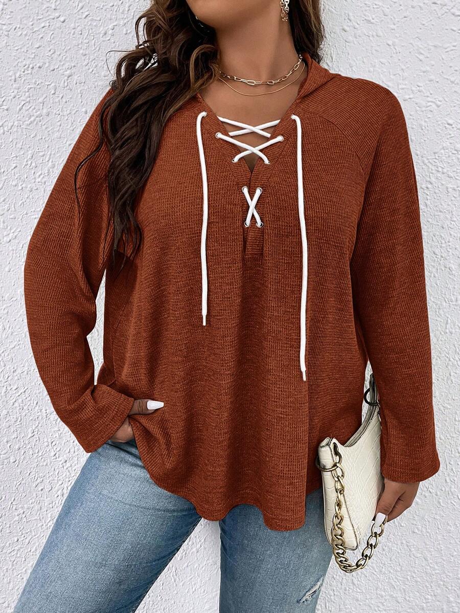 SHEIN LUNE 大码系带前襟插肩袖卫衣 - 亮橙色 - 查看 1