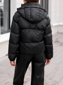 EURMUSE Zip Up Drawstring Hooded Puffer Coat - Black - View 2