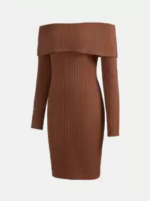 SHEIN Teen Girls' Knitted Jacquard Off Shoulder Dress - Brown - View 4