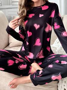 Heart Print PJ Set / Pajama Set, Fall Winter Clothes - Multicolor - View 5