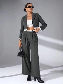 SHEIN Essnce Cổ áo Crop Blazer & Quần ống rộng - Màu xám đen - Xem 5