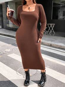 Flirla 大碼方領毛衣洋裝 - 棕色 - 查看 4