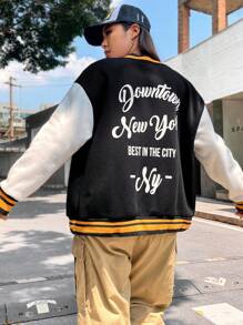 Flirla 大碼標語圖案條紋飾邊落肩袖雙色學院風夾克 - 黑與白 - 查看 3