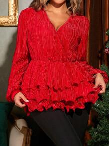 SHEIN SXY 燈籠袖層疊下擺褶皺襯衫 - 紅色 - 查看 3