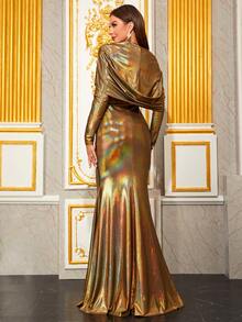 YISIKADO Vestido De Gala Metálico Con Dobladillo De Sirena - Dorado - Ver 3