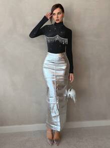SHEIN Privé 水鑽流蘇邊小高領金屬亮絲T恤 - 黑色 - 查看 4