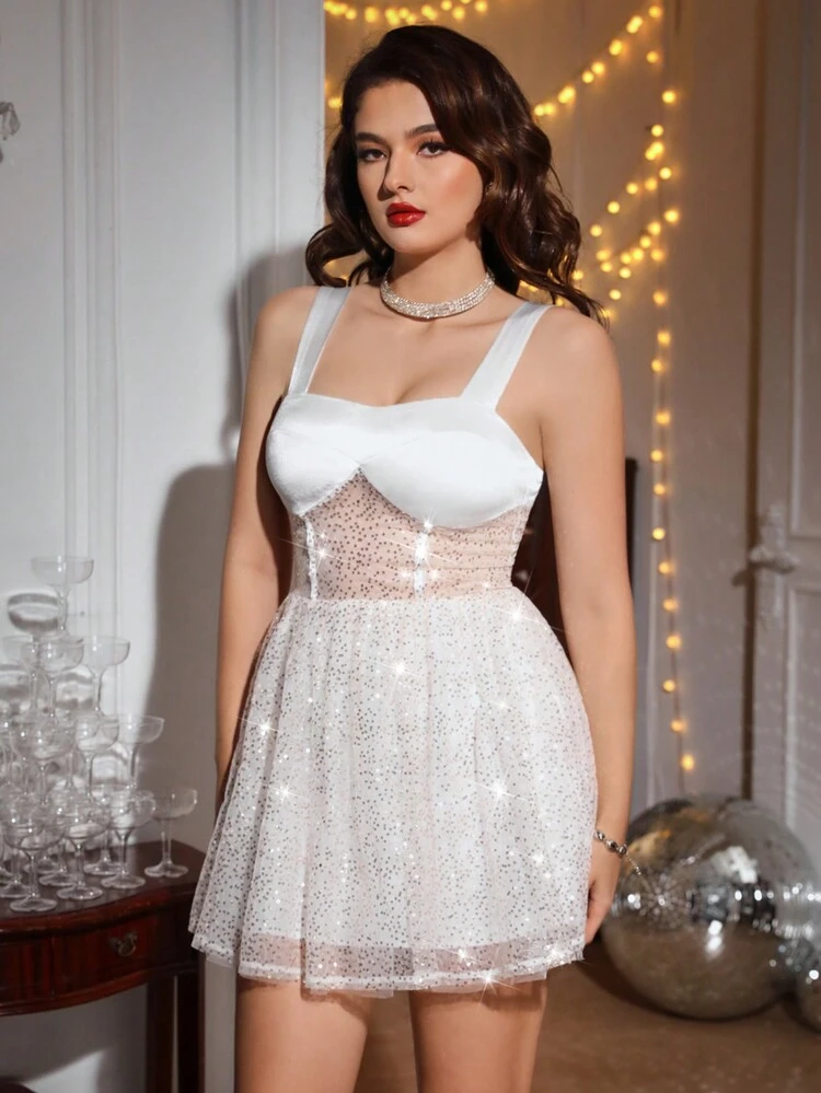 Contrast Sequin Mesh Cami Dress