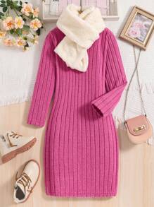 SHEIN Tween Girl Solid Ribbed Knit Dress With Scarf - Hot Pink - View 1