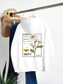 SHEIN EZwear Đồ họa hoa & chữ Dây rút Lót nhiệt Hoodie - trắng - Xem 1