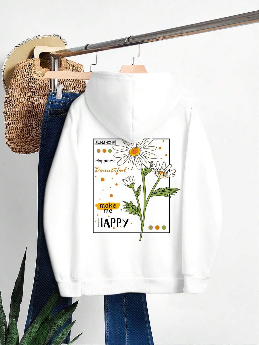 SHEIN EZwear Đồ họa hoa & chữ Dây rút Lót nhiệt Hoodie - trắng - Xem 1