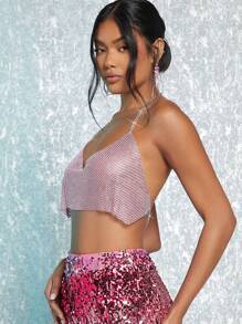 SHEIN BAE Chain Detail Backless Crop Metallic Halter Top - Pink - View 5