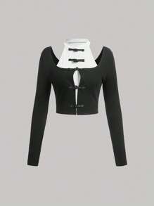 SHEIN MOD 2 trong1 Nơ mặt trước Cắt ra Áo phông Crop - Đen và trắng - Xem 1