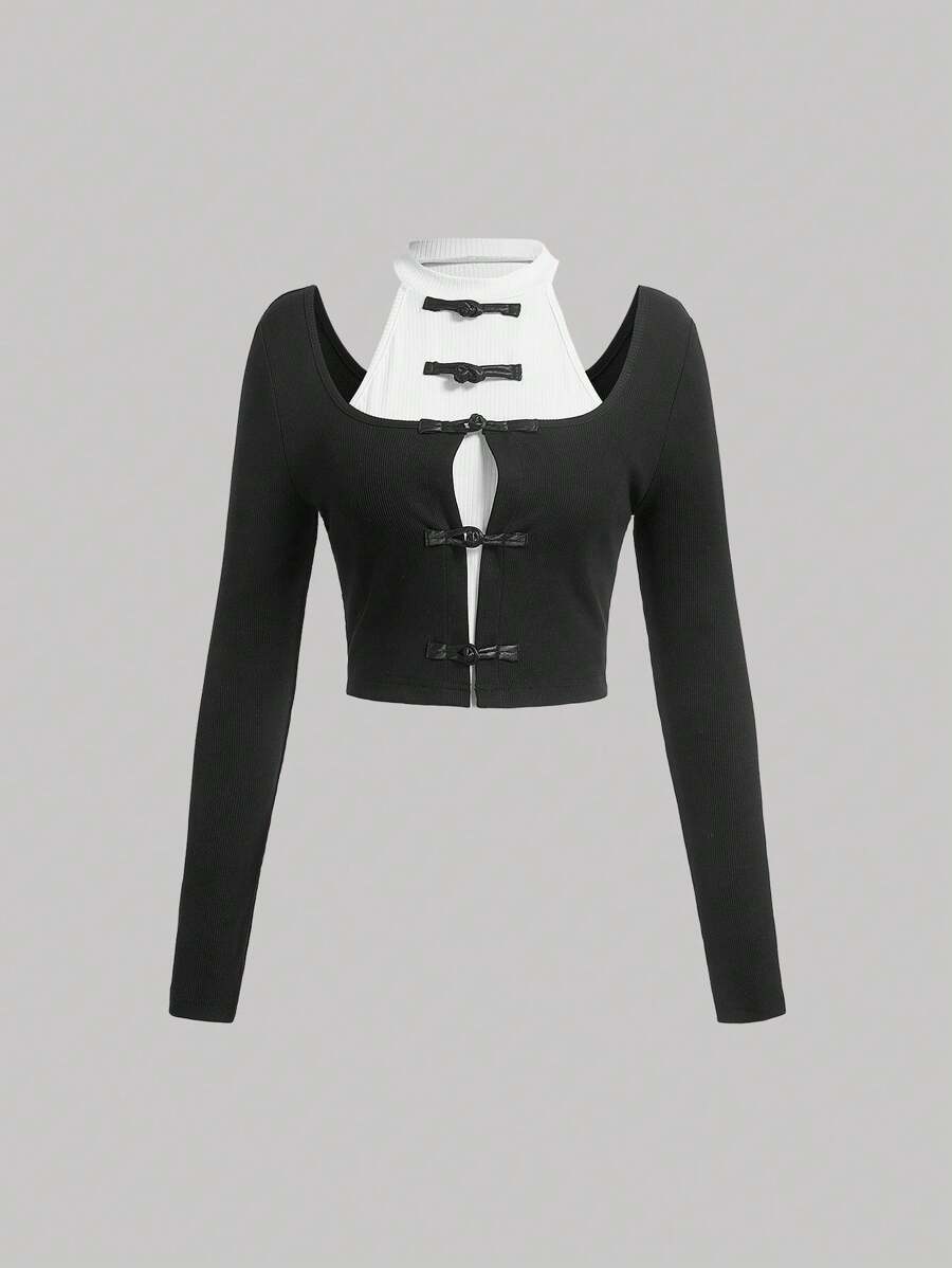 SHEIN MOD 2 trong1 Nơ mặt trước Cắt ra Áo phông Crop - Đen và trắng - Xem 1