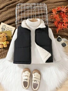 SHEIN 年轻女孩 1 件泰迪熊衬里拉链背心加厚外套