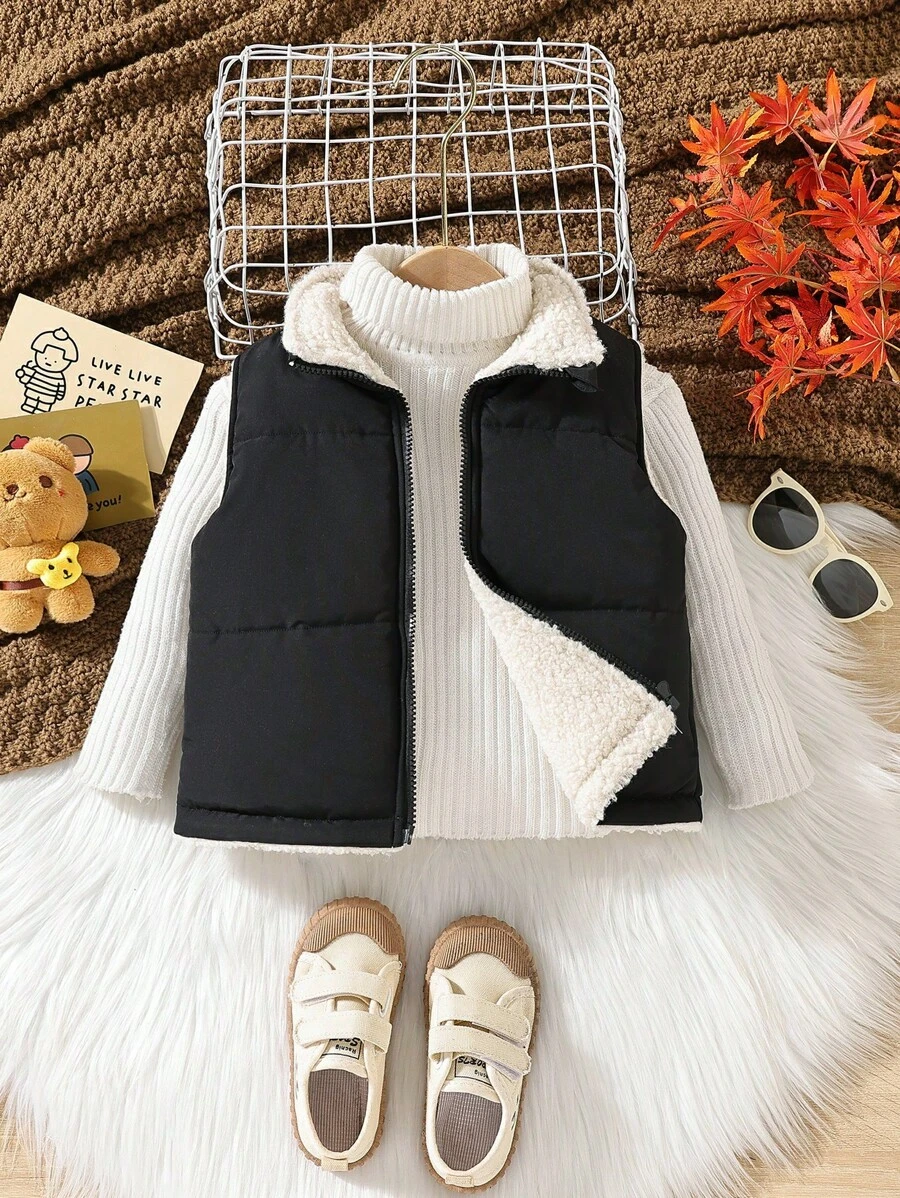 SHEIN 年轻女孩 1 件泰迪熊衬里拉链背心加厚外套