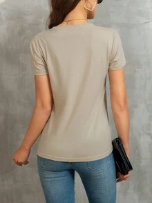 SHEIN Essnce 字母圖案T恤 - 卡其色 - 查看 2