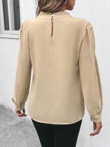 SHEIN Frenchy Solid V Neck Bishop Sleeve Blouse - Khaki - View 2