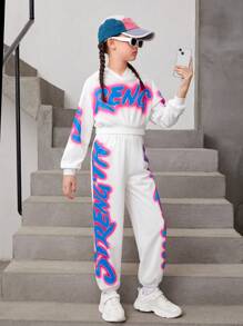 Cô gái Tween Đồ họa Chữ cái Thả vai Áo Hoodie & Quần thể thao - trắng - Xem 1