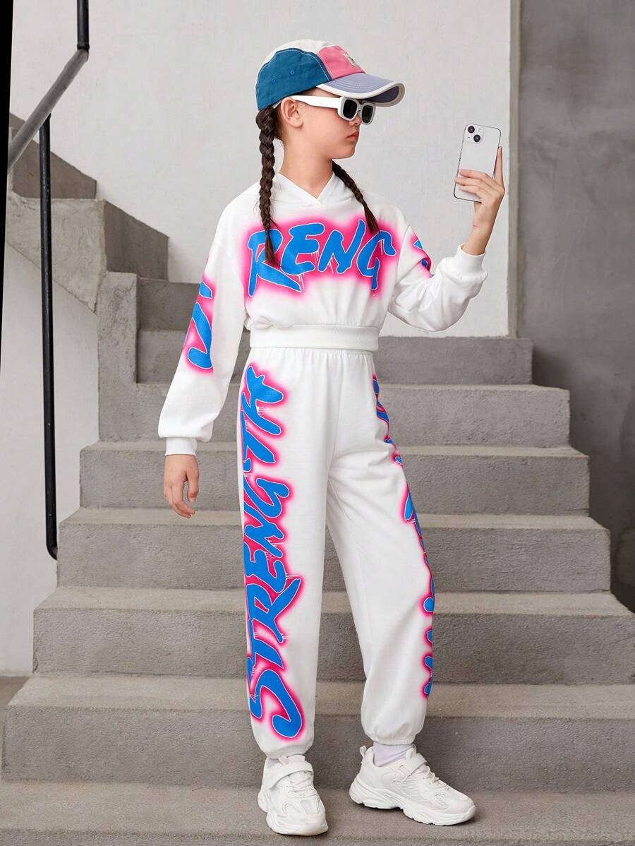 Cô gái Tween Đồ họa Chữ cái Thả vai Áo Hoodie & Quần thể thao - trắng - Xem 1