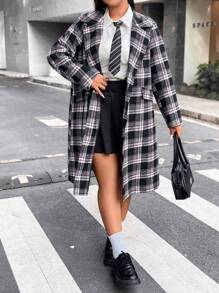 Flirla Plus Plaid Print Lapel Neck Single Button Front Overcoat Fall Cloth For Women - Multicolor - View 3