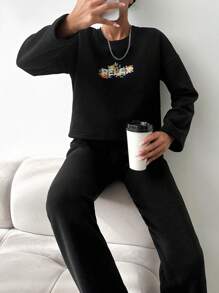 EURMUSE Letter Graphic Drop Shoulder Tee & Pants - Black - View 3