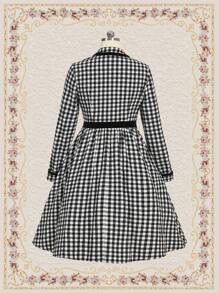 Vintamour Gingham Print Lapel Neck Dress - Black and White - View 4
