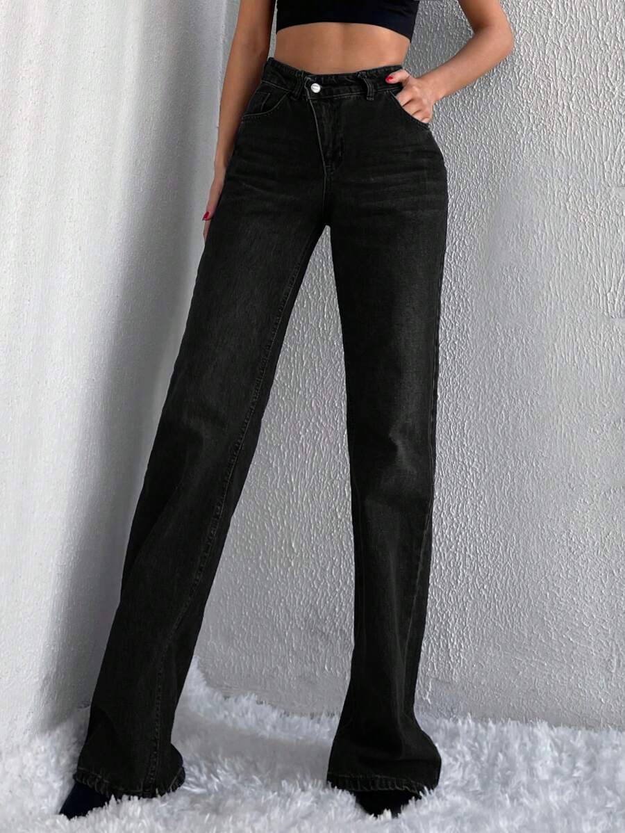 Cottnline Jeans de pierna recta de talle alto - Negro - View 1