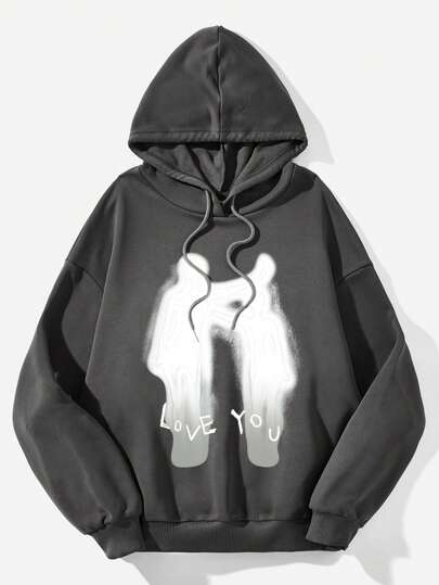 SHEIN EZwear 休闲抽象人影印花抽绳连帽衫超大码女式冬季运动衫套头衫、长袖上衣