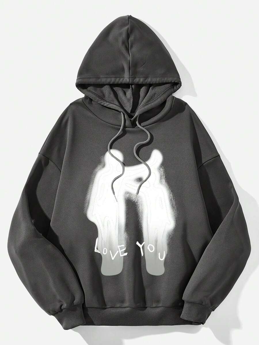 SHEIN EZwear Casual Abstract Human Shadow Print Drawstring Hoodie Oversized Women Winter Sweatshirt Pullover,Long Sleeve Tops