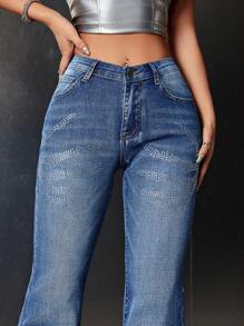SHEIN ICON Rhinestone Detail Flare Leg Jeans - Dark Wash - View 5