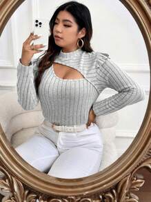 SHEIN Franclia Hơn Cắt ra Cổ giả Viền Ruffle Áo thun - Xám - Xem 4