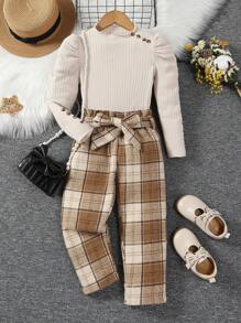 SHEIN 女小童小高領羊腿袖T恤&格紋印花腰帶長褲 - 彩色 - 查看 1