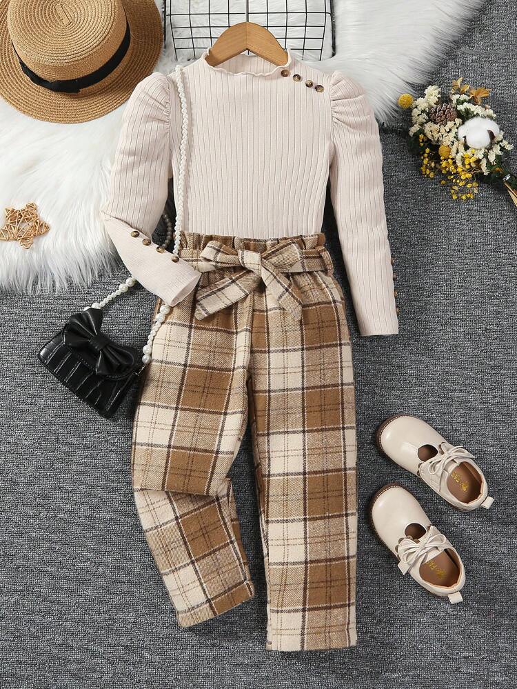 Young Girl Mock Neck Gigot Sleeve Tee & Plaid Print Belted Pants