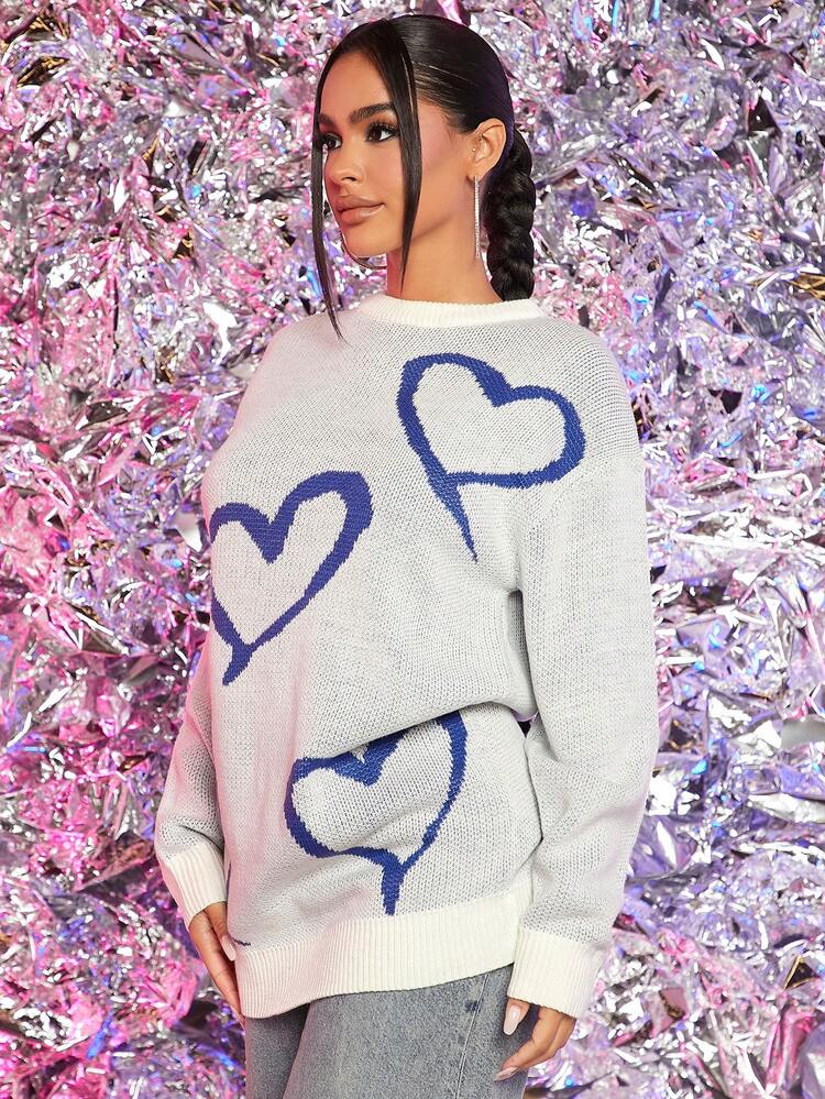 Heart Pattern Drop Shoulder Sweater Dress