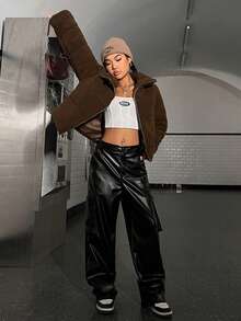 SHEIN EZwear Của phụ nữ Thả vai Shearling Áo khoác bông - Màu nâu  Mocha - Xem 8