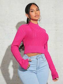 SHEIN SXY Cổ giả Xoắn Dan Áo len - Màu Hồng Tươi - Xem 3